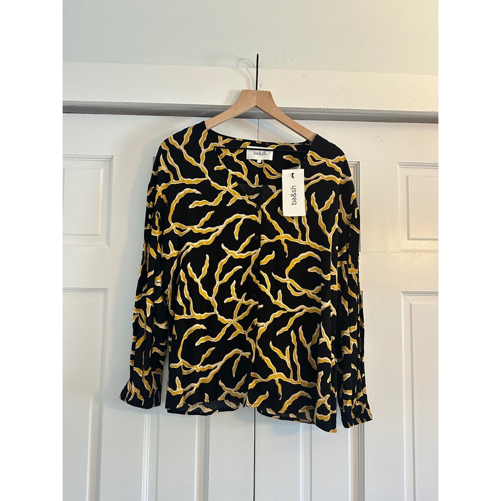 Ba&sh Clea Blouse‎ Noir Black Yellow Abstract Print V-Neck Button Top Size 3 NWT - Picture 2 of 7